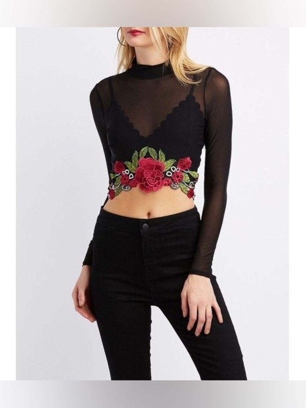🎉6/$26🎉CHARLOTTE RUSSE Floral Embroidered Sheer Mock Neck Crop Top